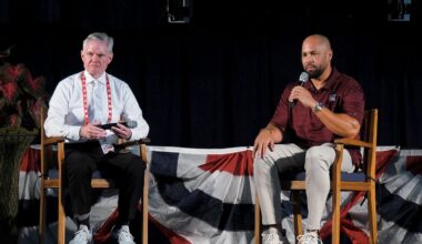 Carlos Beltrán taking questions from reporters at the Clark Sports Center on Saturday ahead of the induction ceremony on Sunday.