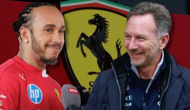 Christian Horner and Lewis Hamilton look at each other in a composite featuring a Ferrari logo background