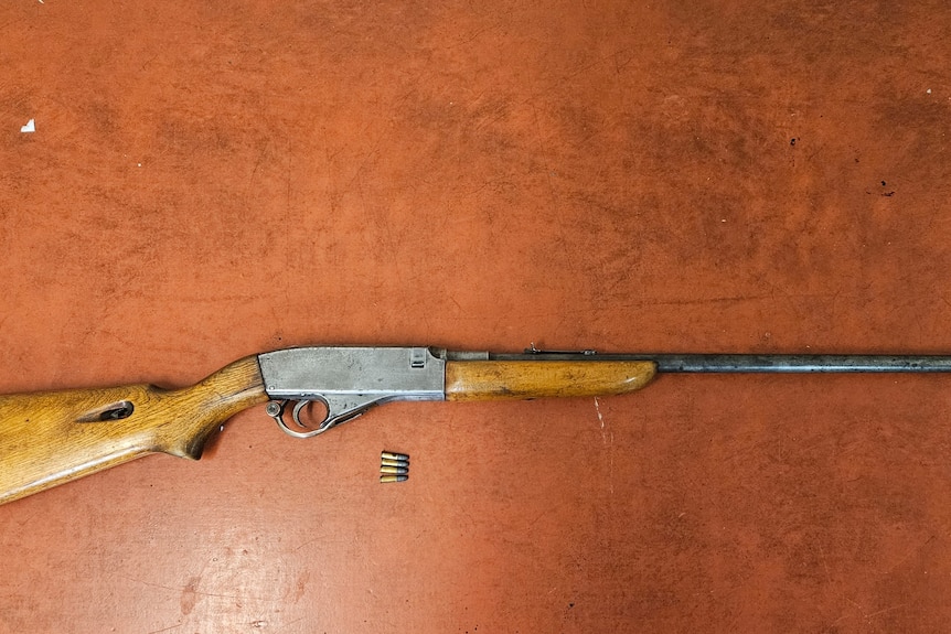 A brown and metal gun with small bullets underneath on a brown table.