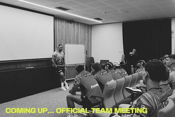Benji Marshall address the Tigers squad as part of the prank from the May brothers.