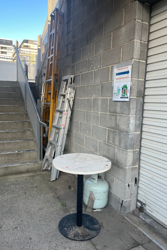 Ladders and gas bottles are left haphazardly around Shark Park.