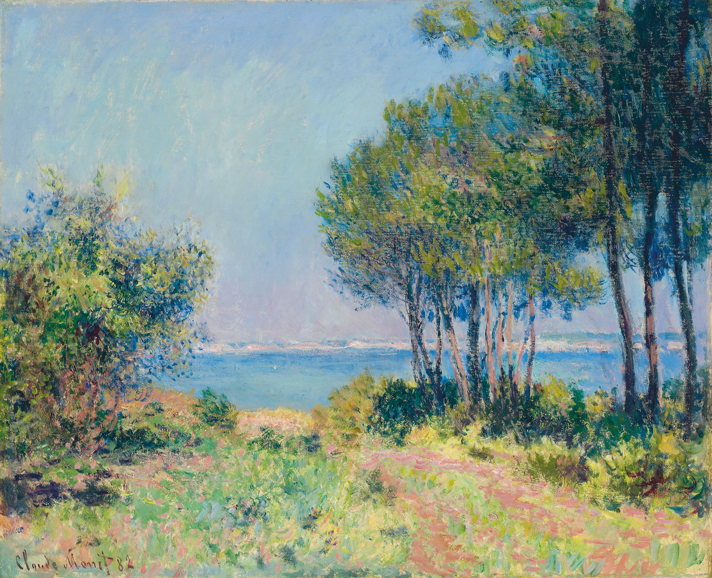 Fir trees at Varengeville by Claude Monet; a painting of small green trees overlooking a blue body of water.