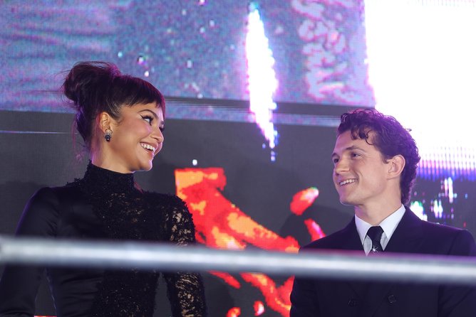 Zendaya and Tom Holland smile during the Spider-Man: Brand New Day fan event at Aztlan Feria de Chapultepec on July 20 in Mexico City.