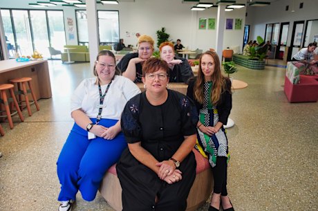 Hesther Hornbrook Academy Principal Principal Sally Lasslett with staff member Amy Farrell (L) and Amanda Amato (R) with students Zane Carne and Luke Hutchinson.