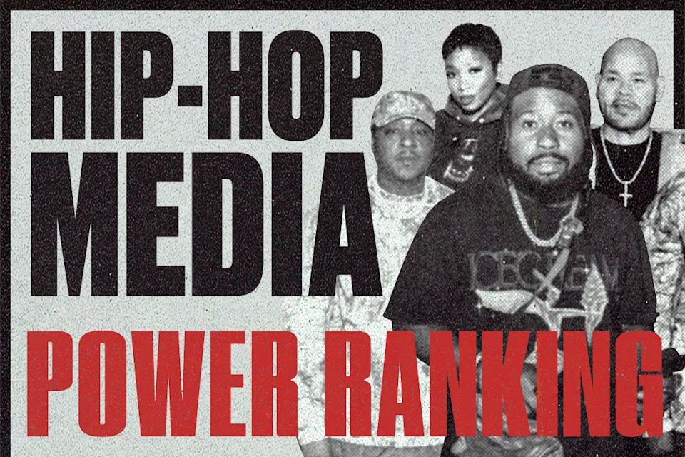 Black and white image with "Hip-Hop Media Power Ranking" text and four people, including Jadakiss, Loren LoRosa, DJ Akademiks, and Fat Joe