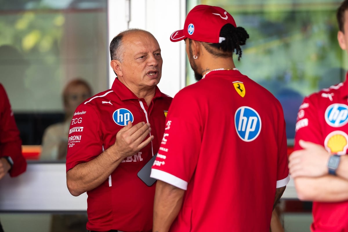 Vasseur looking serious in conversation with Hamilton, who has back to the camera