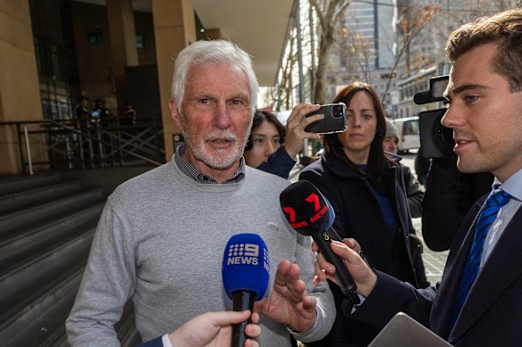 Mick Malthouse leaves Melbourne Magistrates’ Court after providing evidence on Monday.