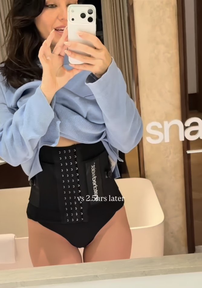 Monique Morley from the Bachelor shared a photo of her in the medical corset after her procedure. 
