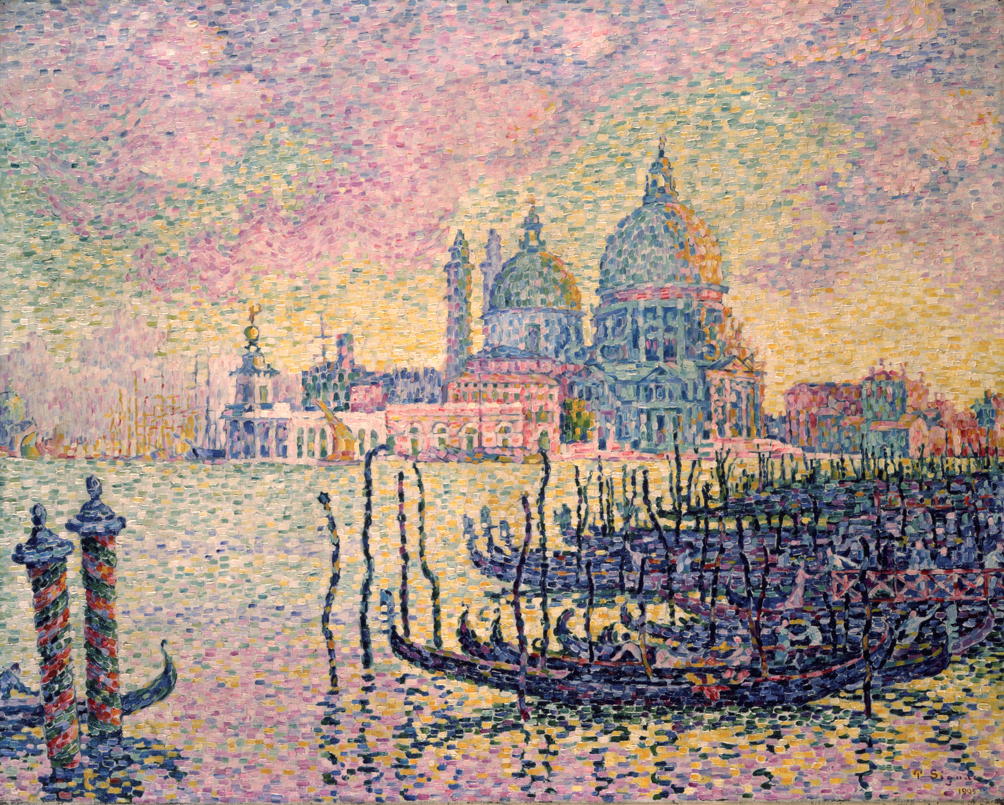 Entrance to the Grand Canal, Venice by Paul Signac; a pointillist painting in vivid colours of a canal scene.