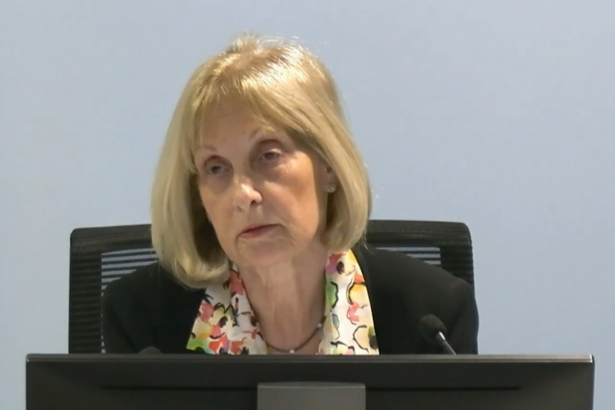 Ms Segal sitting at a bench with two microphones in front of her.