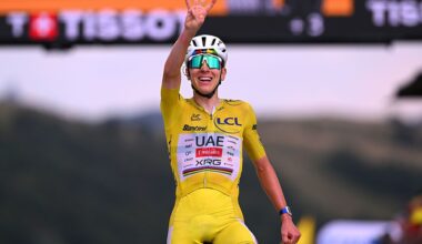 LE MARKSTEIN, FRANCE - JULY 18: Tadej Pogacar of Slovenia and UAE Team Emirates - XRG - Yellow Leader Jersey celebrates at finish line as stage winner during the 113th Tour de France 2026 - Stage 14 a 155.3km a 155.3km stage from Mulhouse to Le Markstein 1189m / #UCIWT / on July 18, 2026 in Le Markstein, France. (Photo by Tim de Waele/Getty Images)