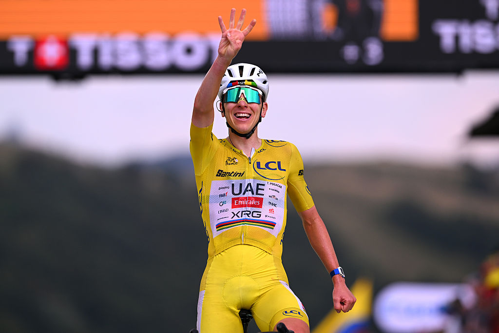 LE MARKSTEIN, FRANCE - JULY 18: Tadej Pogacar of Slovenia and UAE Team Emirates - XRG - Yellow Leader Jersey celebrates at finish line as stage winner during the 113th Tour de France 2026 - Stage 14 a 155.3km a 155.3km stage from Mulhouse to Le Markstein 1189m / #UCIWT / on July 18, 2026 in Le Markstein, France. (Photo by Tim de Waele/Getty Images)