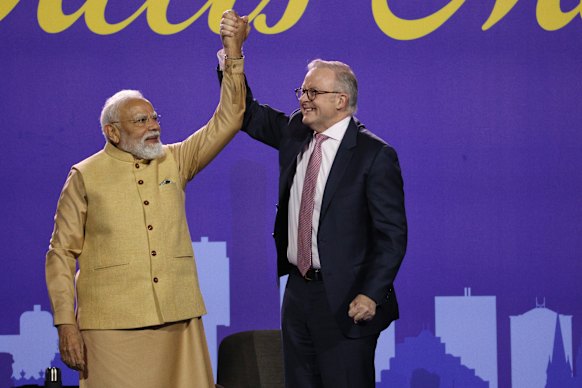 Indian Prime Minister Narendra Modi and Australian Prime Minister Anthony Albanese at Marvel Stadium on Thursday evening.