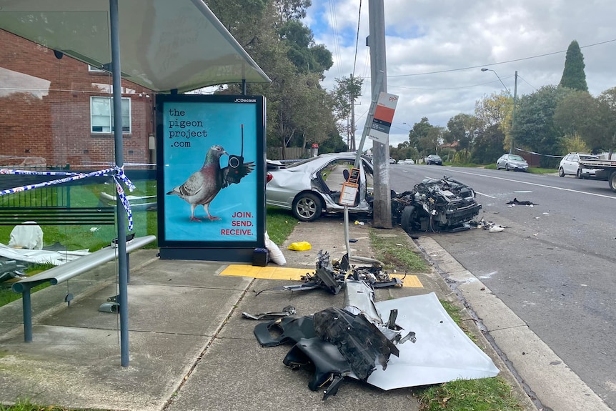 A car narrowly misses crashing into a bus stop on Murray Road, Coburg.