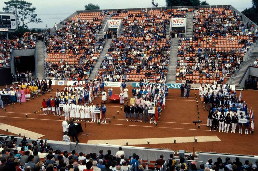 The opening ceremony of the Federation Cup in Prague at Stvanice in 1986