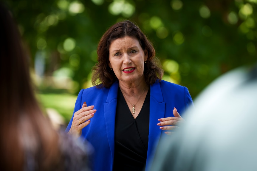 A woman with brown hair, wearing a blue jacket, standing outside speaking.