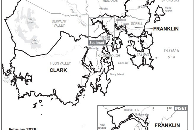 A map showing proposed electoral boundaries for Tasmanian federal electorates.