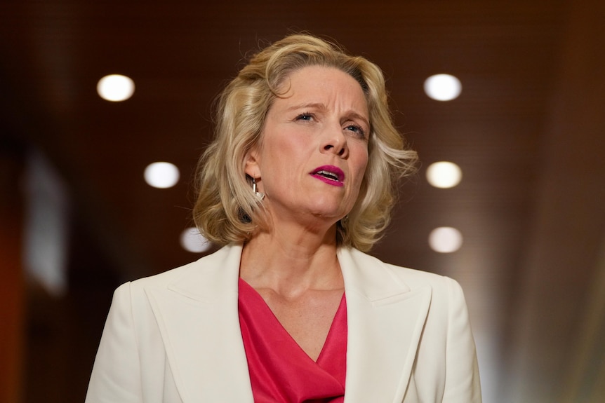 a female politician wearing a white blazer talking
