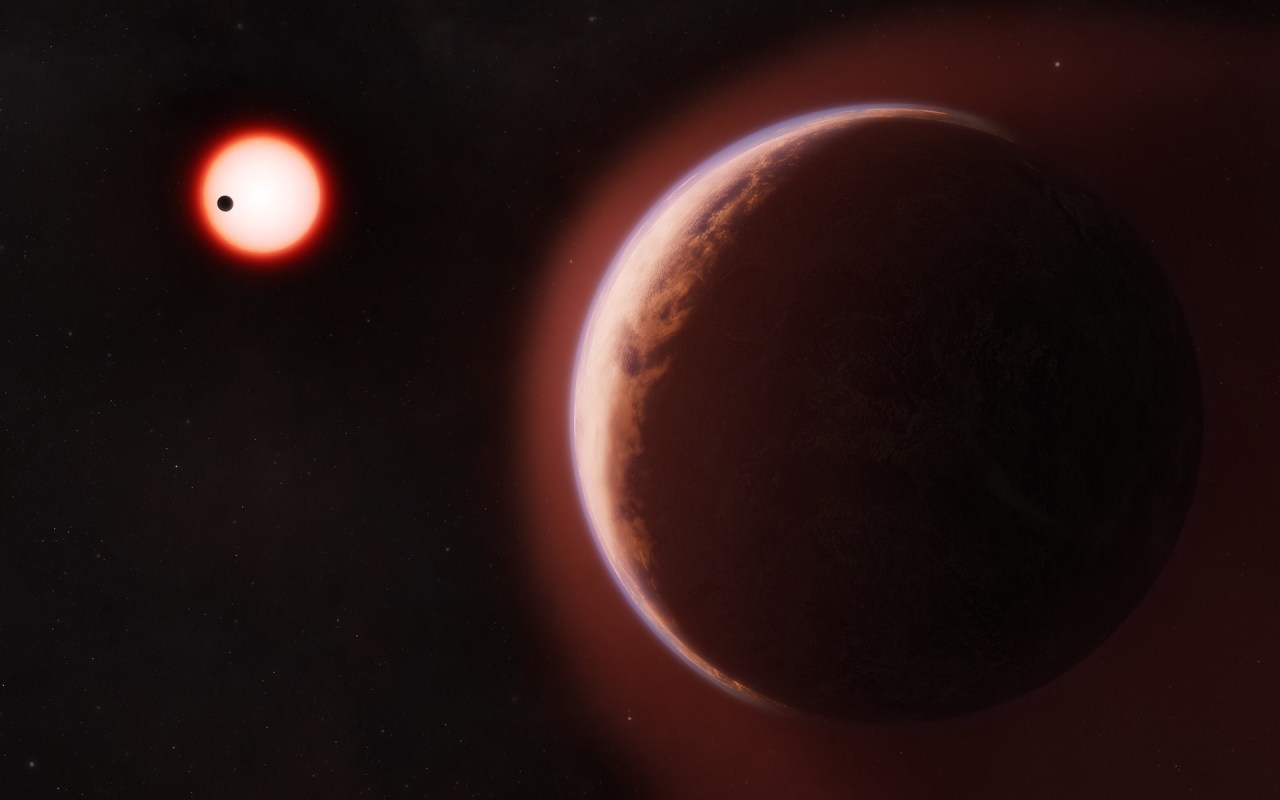A rocky exoplanet orbits a bright red star in the dark expanse of space, with a small planet visible nearby.