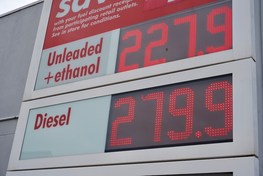 Close up of fuel prices on a Shell sign, at $2.27 for petrol and $2.79 for diesel