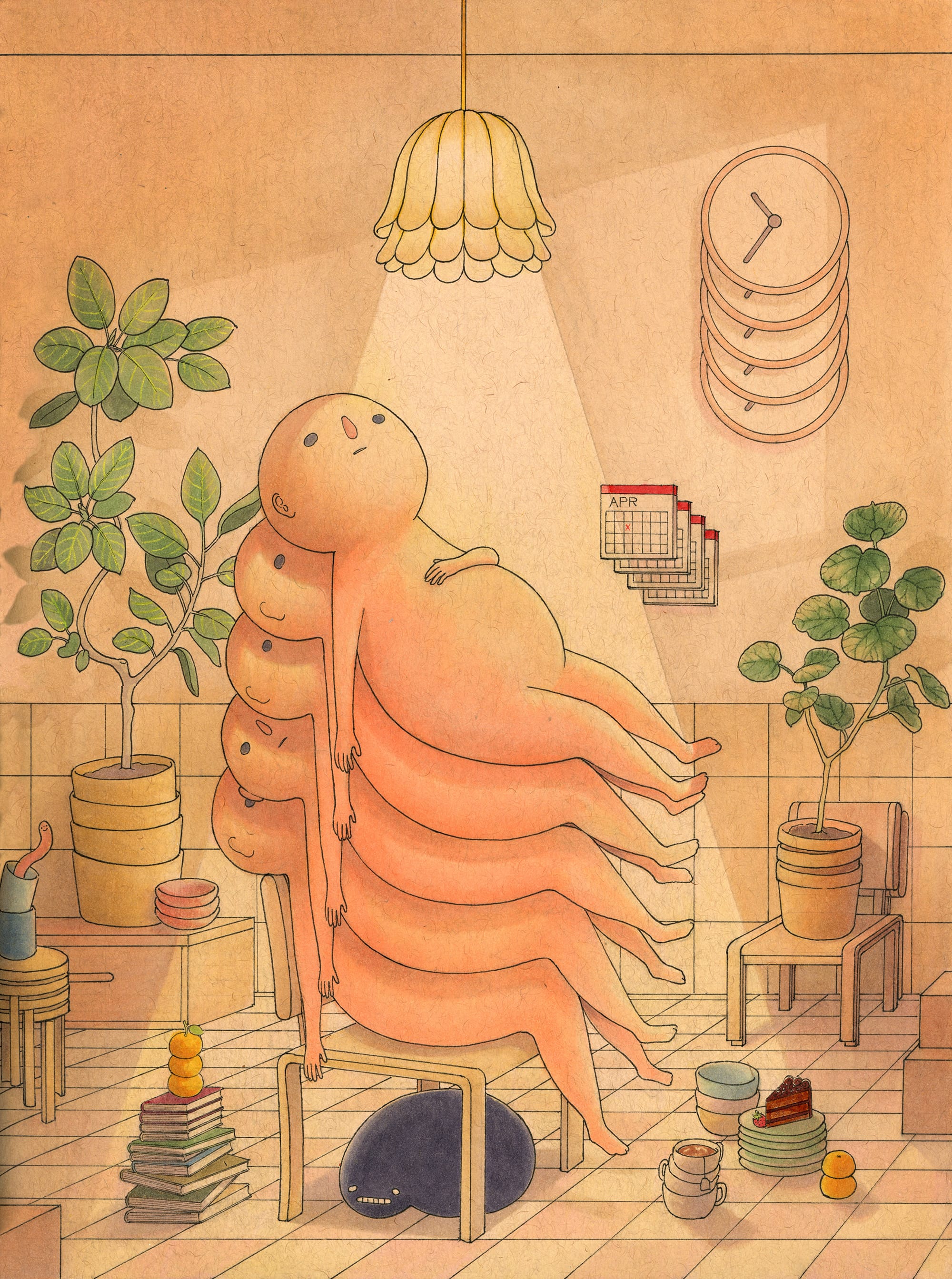 a drawing by Felicia Chiao of figures stacked like chairs under a light