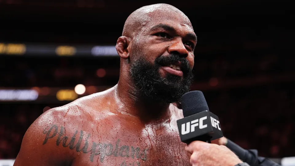 Jon Jones of the United States of America reacts after his TKO victory against Stipe Miocic of the United States of America in the UFC heavyweight championship fight during the UFC 309 event at Madison Square Garden on November 16, 2024 in New York City