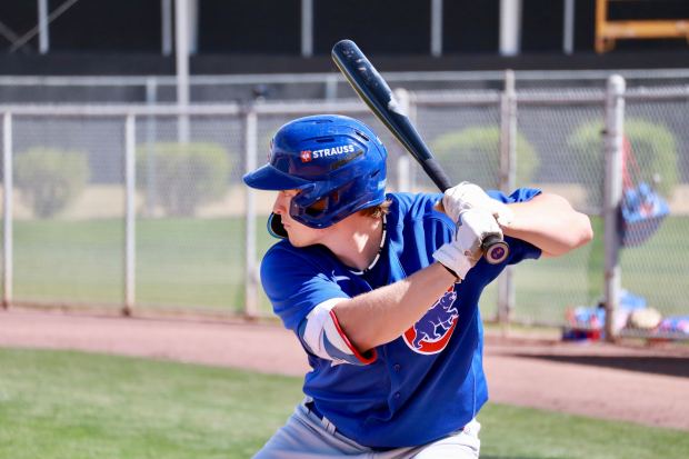 Cubs outfield prospect Josiah Hartshorn bats during spring training Feb. 28, 2026, in Mesa, Ariz. (Meghan Montemurro/Chicago Tribune)