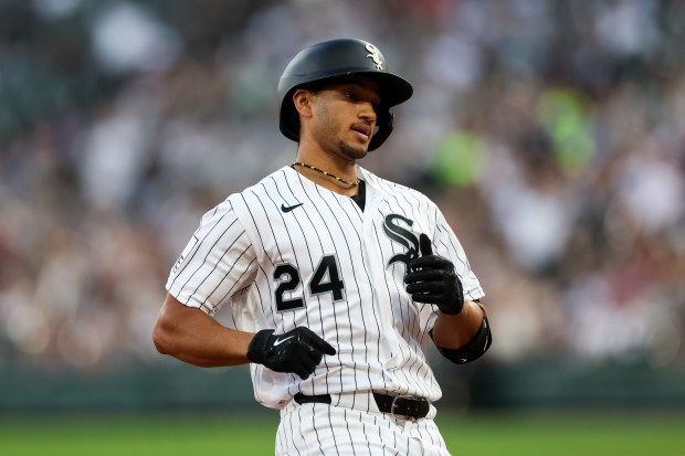 White Sox right fielder Braden Montgomery runs to third after hitting an RBI triple during against the Yankees on Monday, July 27, 2026, at Rate Field. (Armando L. Sanchez/Chicago Tribune)