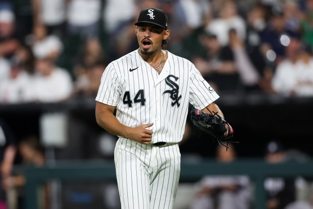 White Sox pitcher Jordan Hicks (44) yells after the White Sox got the last to end the top of the 12th inning against the Yankees at Rate Field July 29, 2026 in Chicago. (Armando L. Sanchez/Chicago Tribune)