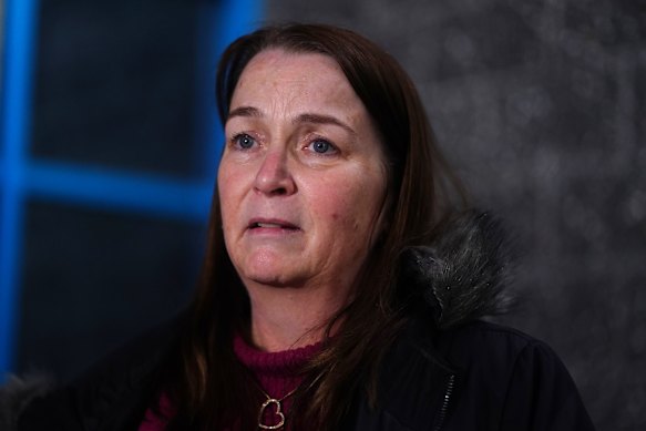 Colin and Claudette’s daughter Linda McKelvie addresses the media in Glen Waverley on Sunday. 