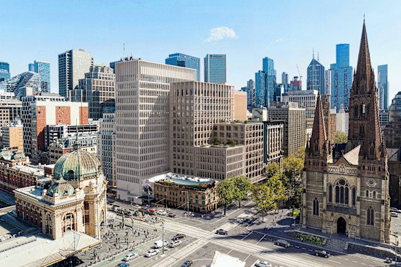 An artist’s render of Lendlease’s new proposal for Town Hall Place, which would wrap around Young and Jackson pub. 