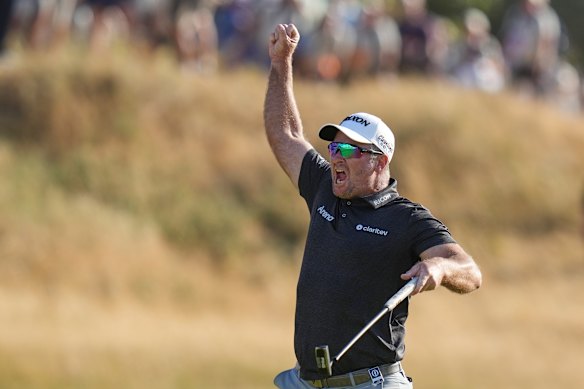 Fox celebrates on the 18th green after winning the British Open. 