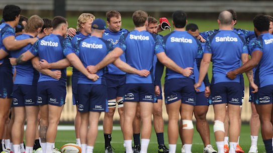 Wallabies talk in a huddle during a training session at North Sydney Oval.
