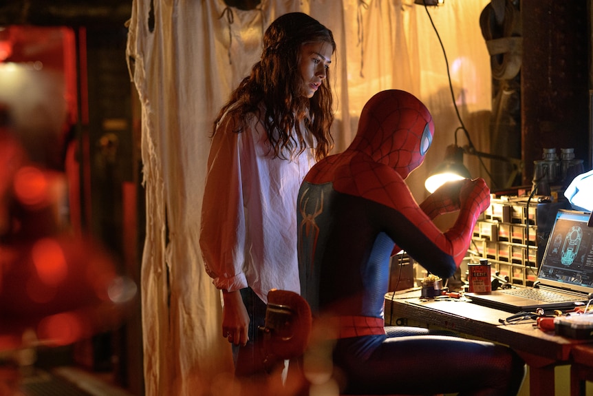 MJ stands over spiderman who is on a computer