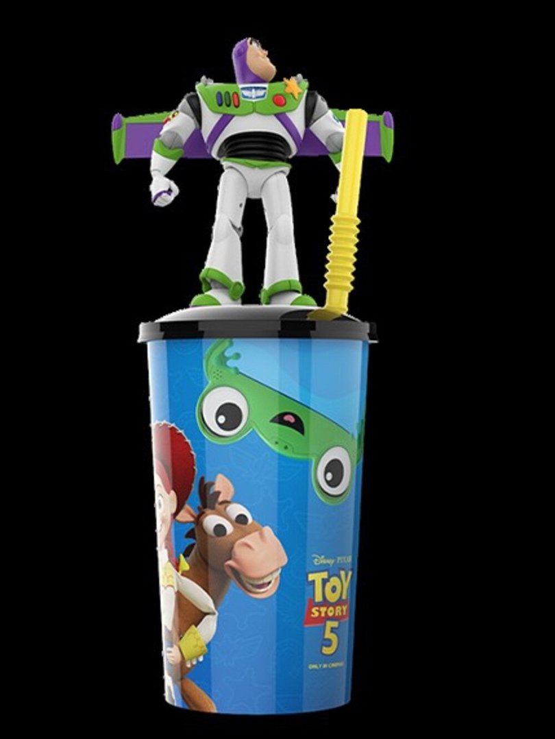 The cups feature figurines of the Toy Story characters, including Woody, Buzz Lightyear, Jessie and Lilypad. 