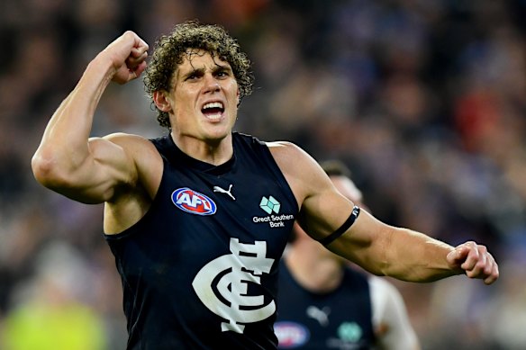 Charlie Curnow of the Blues celebrates kicking a goal in 2024.