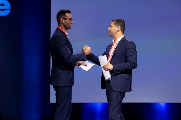 MPs Josh Burns and Basem Abdo at Labor’s national conference on Saturday.