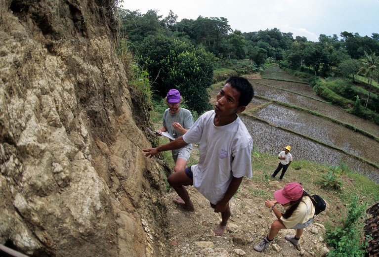 Four people investigate exposed layers of rock, with a rice paddy in the background below.
