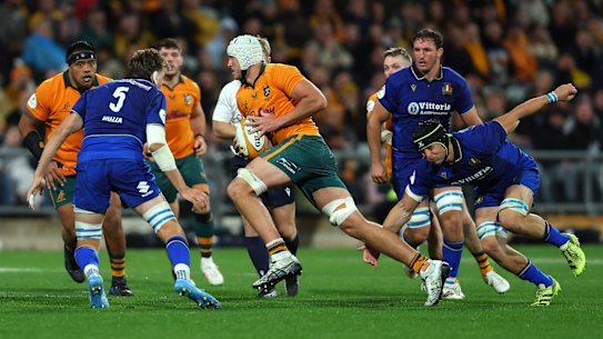 PERTH, AUSTRALIA - JULY 18: Josh Canham of the Wallabies runs with the ball during the Nations Championship match between Australia Wallabies and Italy at HBF Park on July 18, 2026 in Perth, Australia. (Photo by Paul Kane/Getty Images)