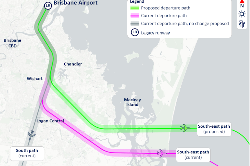 a map showing old and updated flight paths over brisbane