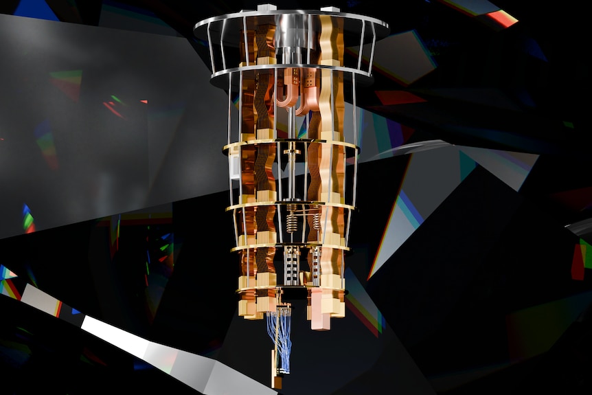 A gold, chandelier-like structure in front of an animated black and grey background that look like shards of glass.