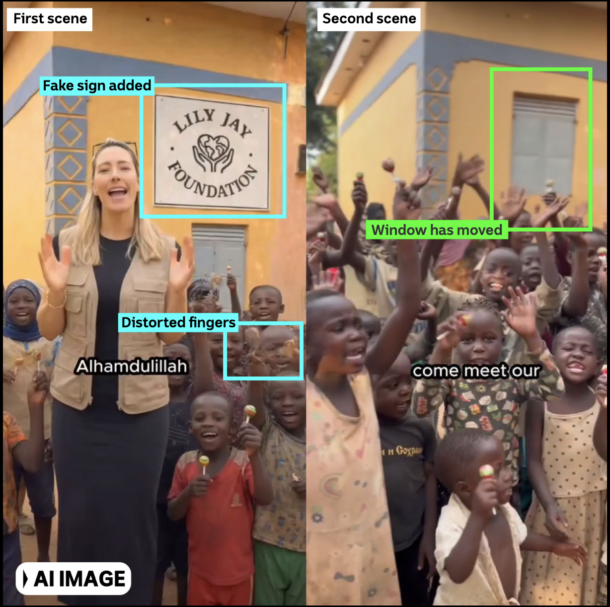 Composite images revealing AI-generated content