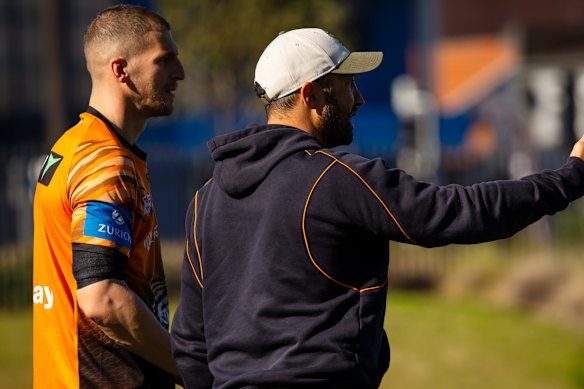 Adam Doueihi and Benji Marshall at training on Tuesday.