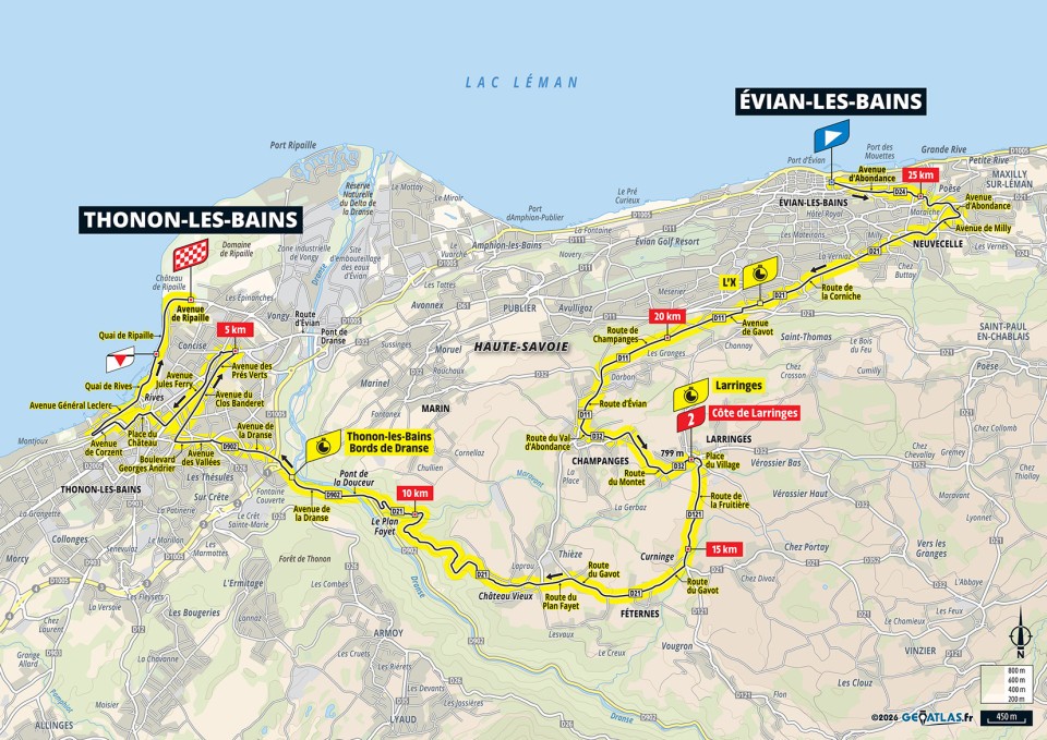 Tour de France stage 16 map showing course from Evian-les-Bains to Thonon-les-Bains.