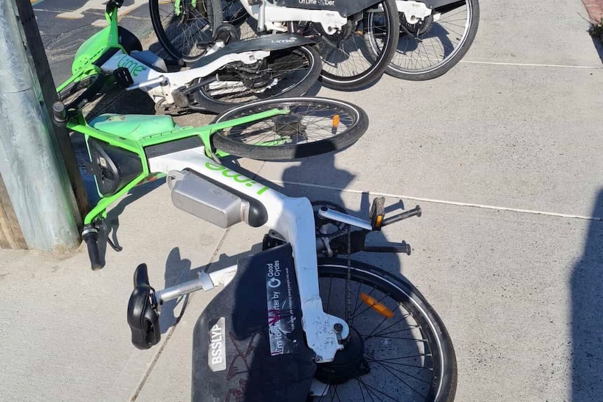 An e-bike on its side.