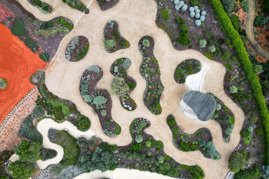 A drone shot of a garden with various grasses and plants, and a path snaking through and around it.