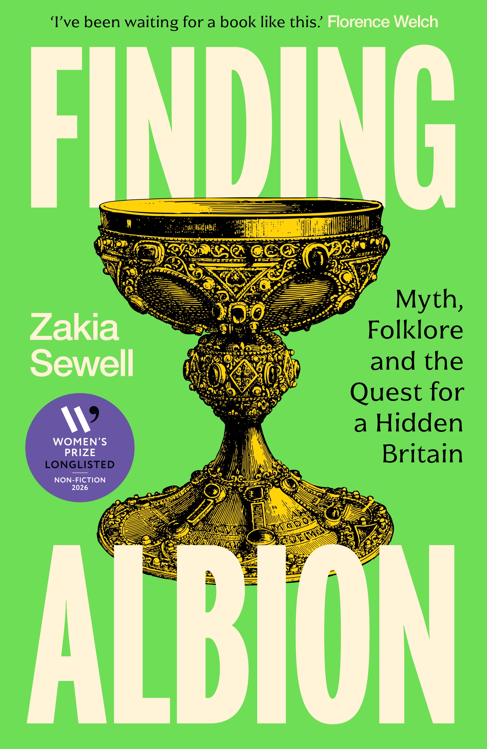 Cover of Finding Albion by Zakia Sewell, featuring an ornate gold chalice on a lime green background.