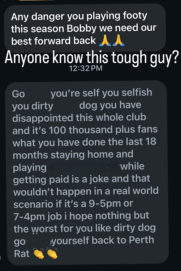 An edited version of the horrific message Bobby Hill received.