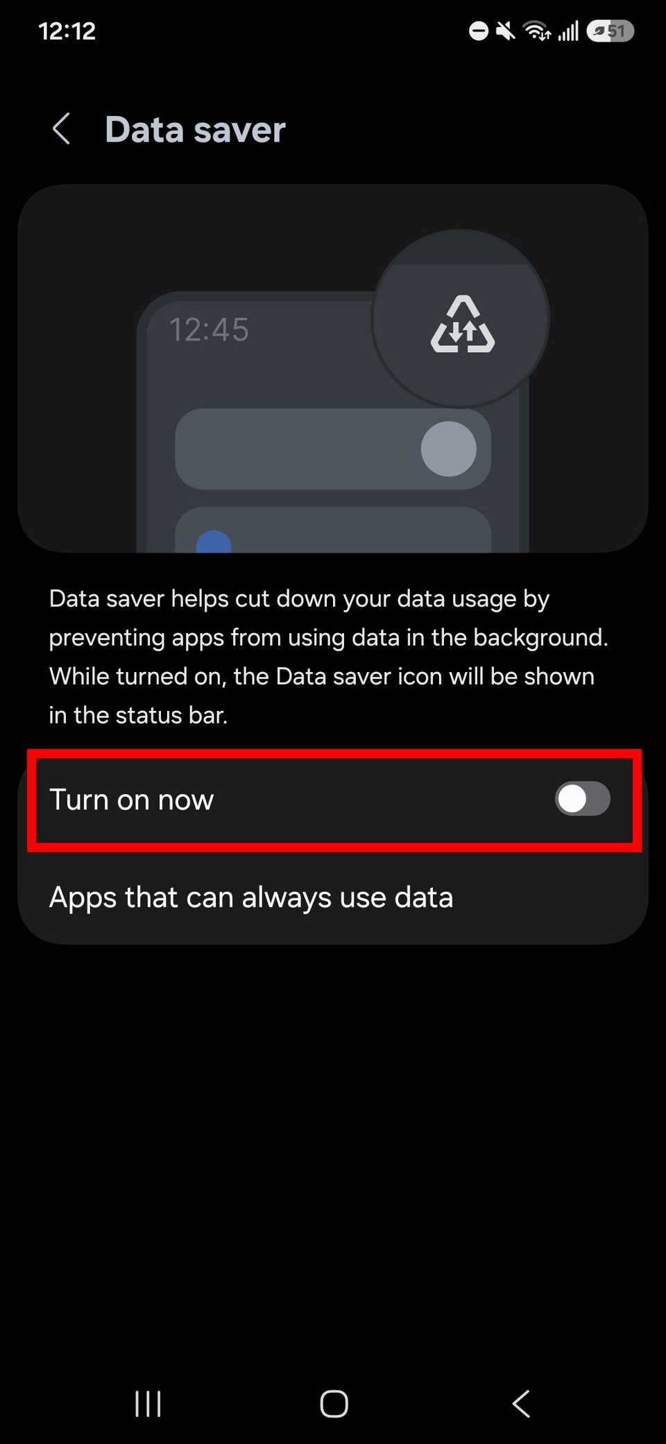 Red rectangle outline highlighting Turn on now toggle for Data saver mode on Samsung