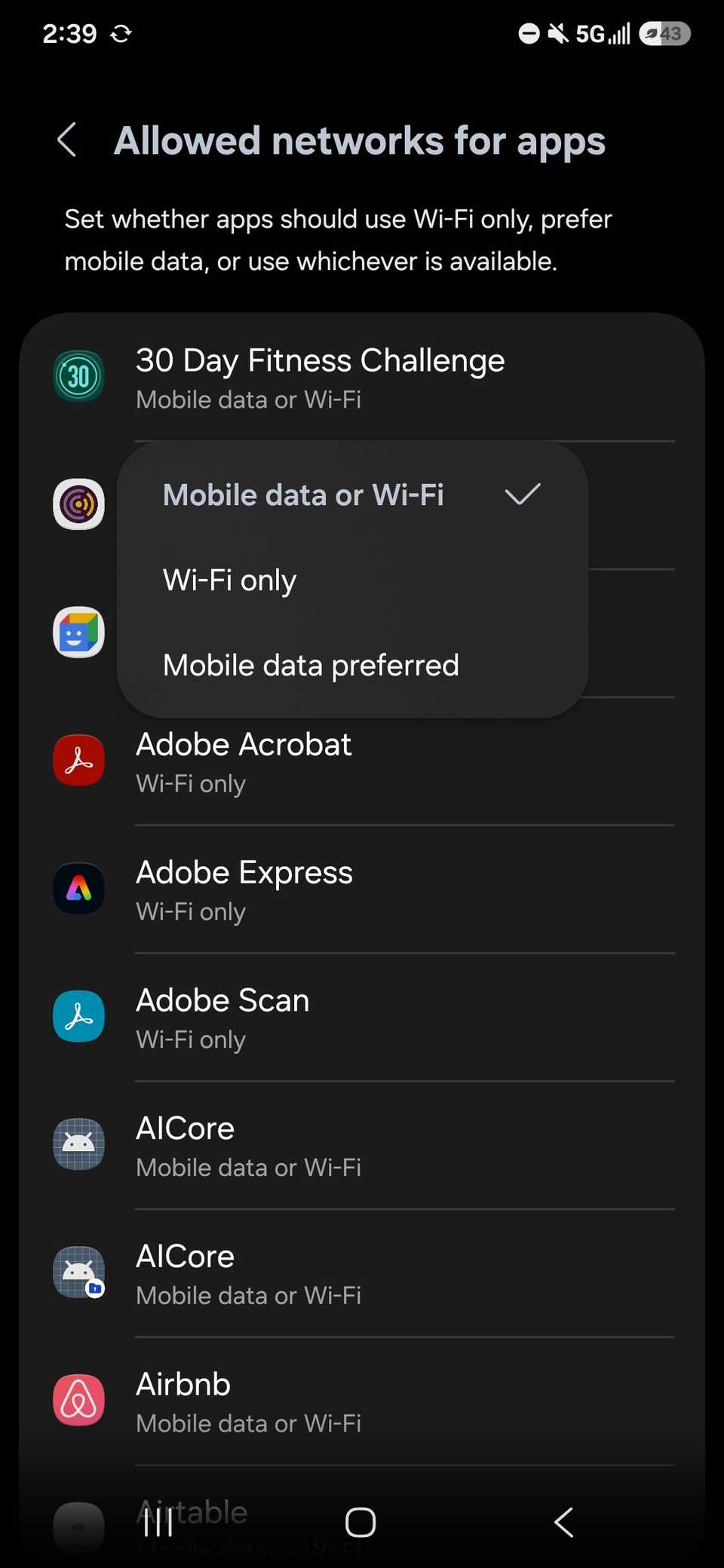 Three options for Allowed networks for apps showing Mobile data or Wi-Fi, Wi-Fi only, Mobile data preferred displayed over an app list
